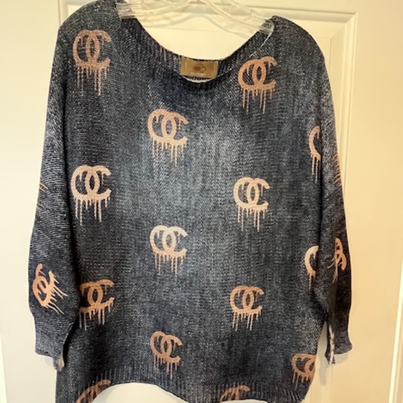 Free For Humanity Navy & Cream Metallic Drip Logo Pullover Sweater OS Oversized - Picture 1 of 10